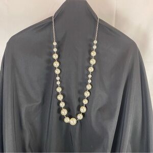 Long Faux Pearl Statement Necklace Silver Chain 36-39”
